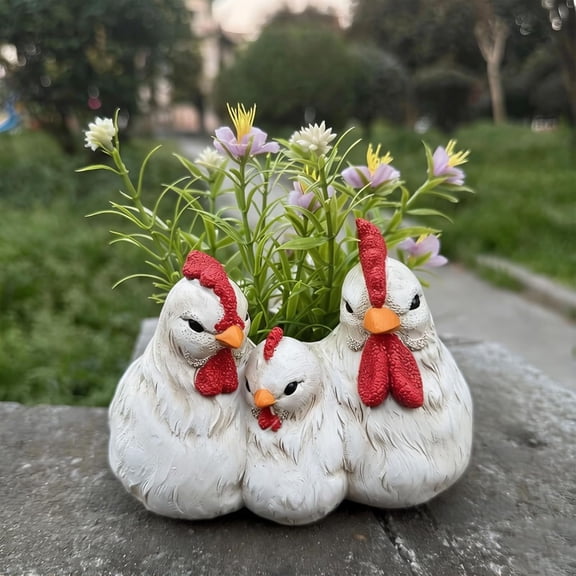 Resin Chicken Planter Hen Flower Pot, Farmhouse White Rooster Succulent Container for Indoor Plants, Cute Animal Decor for Home Office Table(Q)