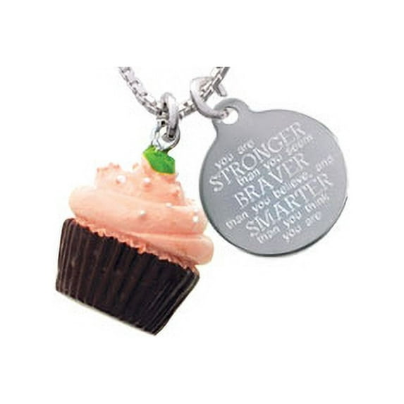 Resin Chocolate Cupcake with Pink Frosting Stronger Braver Smarter Engraved Necklace