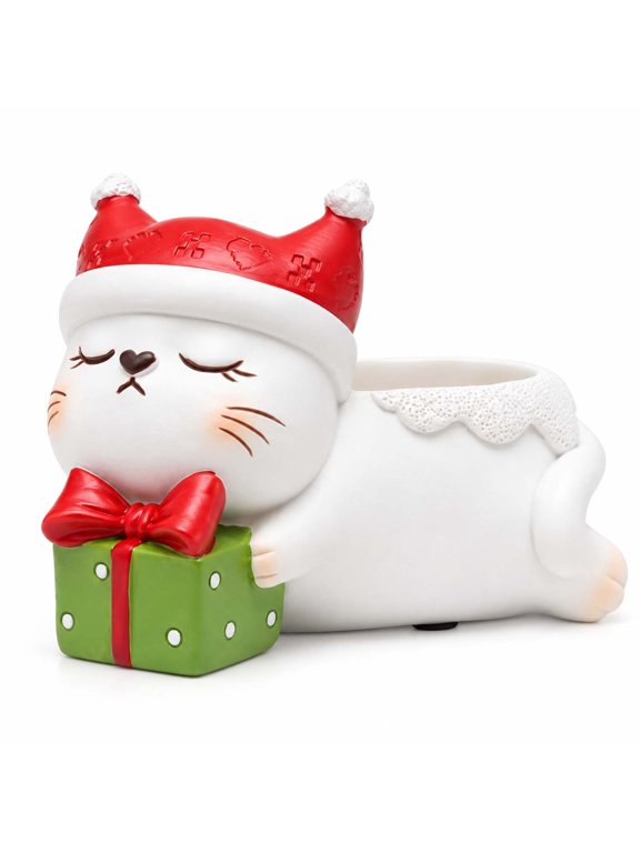 Resin Christmas Cat Succulent Planter, Cute Santa Hat Cat Flower Pot, Multifunctional Plant Container Pen Holder for Succulent Cactus Home Tabletop Holiday Decor