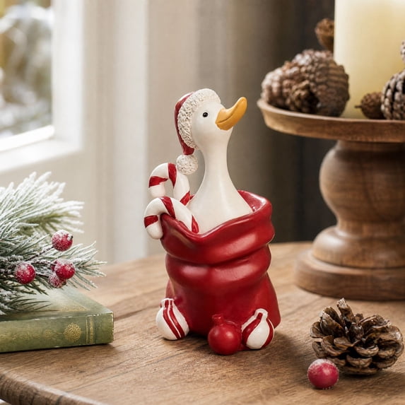 Resin Christmas Duck Decoration with Santa Hat and Red Stocking Design, White and Red, for Home Tabletop Mantel Display, Festive Figurine