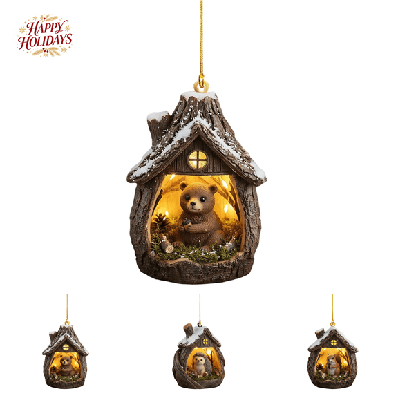 Resin Christmas Ornament, 3D Bear Inside Log Cabin Hanging Decor with String, 3.15 Inch