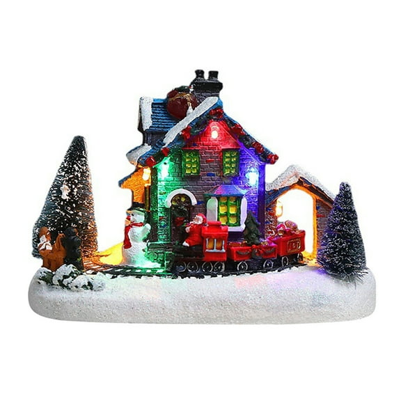 Resin Christmas Scene Village House Decoration Town with Warm LED Light Santa Claus Train Snowman Battery Operated Christmas Ornament