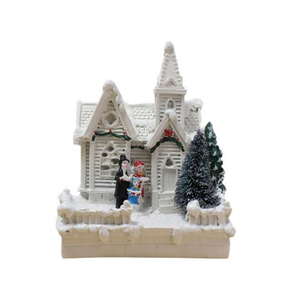 Resin Christmas Scene Village Houses Town with Warm White LED Light Battery Operate Christmas,Lighting UP DIY Christmas Doll Figurine Tiny Resin House Village Building
