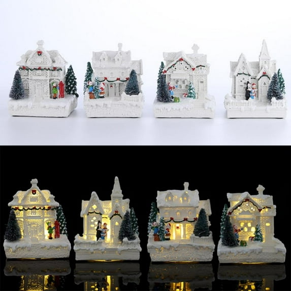 Resin Christmas Scene Village Houses Town with Warm White LED Light Battery Operate Christmas Ornamnet(Batteries Not Included)