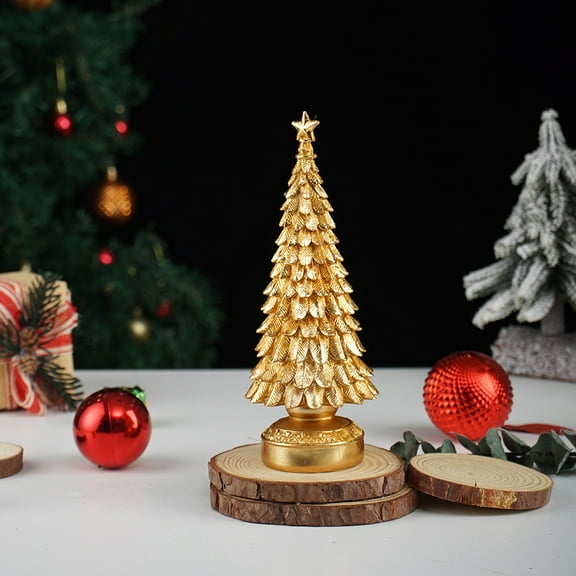 Resin Christmas Tree Figurine, Elegant Tabletop Decor for Holiday Home Office Mantel Centerpiece, Festive Indoor Xmas Decoration Gift Idea(Gold)