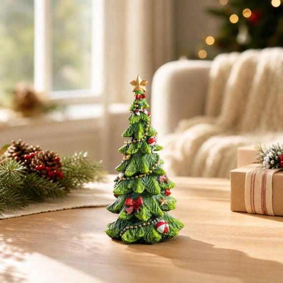 Resin Christmas Tree Figurine, Mini Snow Flocked Tabletop Decor with Candy Cane Accents Golden Star Topper and Stable Base, for Mantels Shelves Desks Fireplaces and Holiday Gift Displays