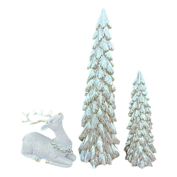 Resin Christmas Tree Figurines, 2Pcs Distressed Sliver with Gold Table top Christmas Trees, Small Christmas Tree Figurine Set, Decorative Xmas Trees for Rustic Christmas Decor