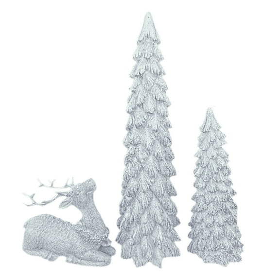 Resin Christmas Tree Figurines, 3Pcs Distressed White with Gold Table top Christmas Trees,Small Christmas Tree Figurine Set,Decorative Xmas Trees for Rustic Christmas Decor,9.5"/6.5"/3.7"
