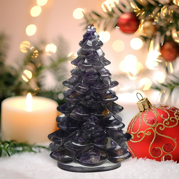 Resin Christmas Tree | Mini Tabletop Ornament with Crystal Chips | Purple Amethyst Holiday Decor for Office/Home | Non-Breakable Xmas Gift