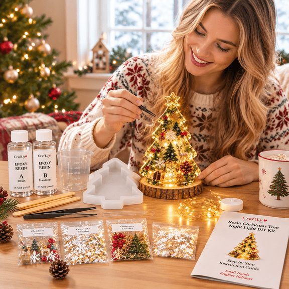 Resin Christmas Tree Night Light DIY Kit, Holiday Craft Gift, Create A Glowing Resin Christmas Tree With Mold, Lights & Charms.