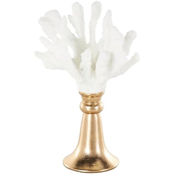Resin Coral rative Sculpture Textured Home r Statue with Round Copper Base, Accent Figurine 8" x 6" x 13", White