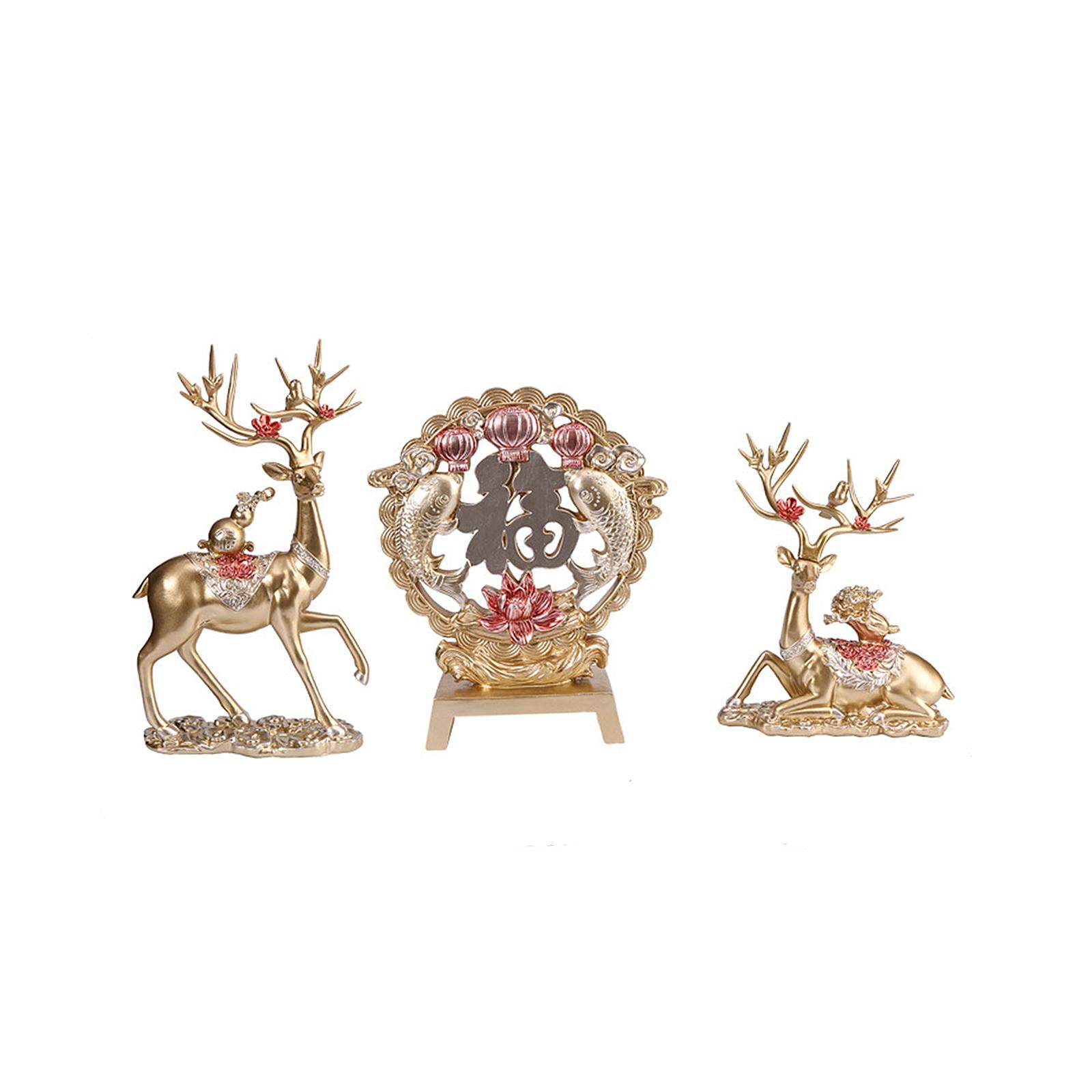 Resin Couple Deer Statues Fu Character Plate Set Chinese Tabletop