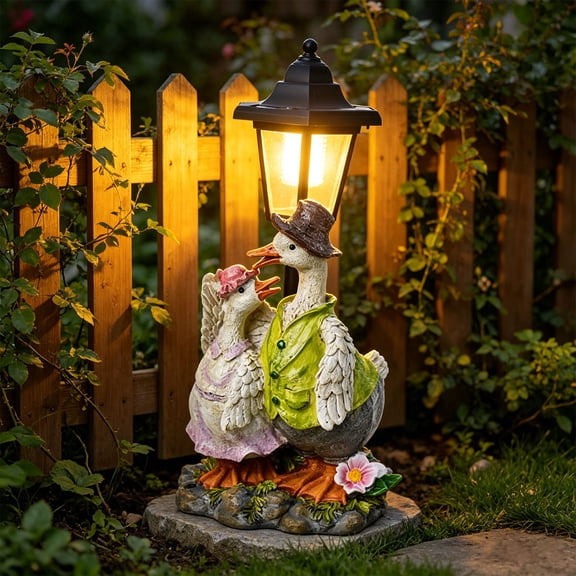 Resin Couple Duck Garden Figurine With Built-In Solar Led Lights, Weatherproof Waterproof Design, Multi-Functional Flower Pot Sculpture for Garden Lawn, Balcony and Courtyard Night Scene Layout, B