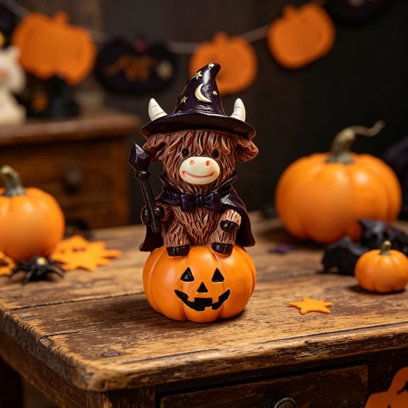Resin Cow Halloween Decor, Pumpkin Witch Scottish Highland Cow Statue Halloween Decorations, 5.7x3.9x3.3in Cute Farmhouse Yard Ornaments for Home Garden Kitchen Office