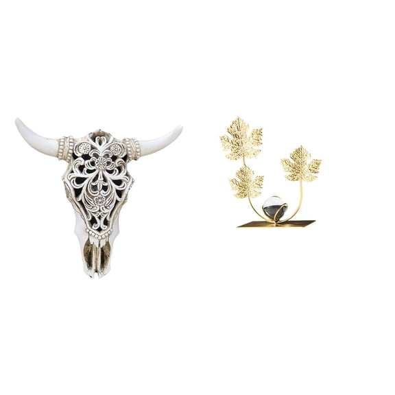 Resin Cow Head Wall Decor Skull Wall Sculpture Figurine Statue Metal Material for Living Room Bedroom Office Holiday