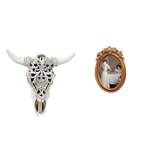 Resin Cow Head Wall Decor Skull Wall Sculpture Photo Frame Vintage Design for Office Farmhouse Bedroom Decoration