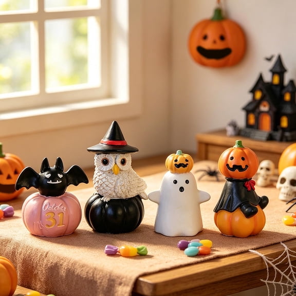 Resin Craft Figurine, Cute Owl Pumpkin Ghost Statue, Mini Festival Ornament, Delicate Small Gift for Party, Desktop and Indoor Halloween Home Decoration, D