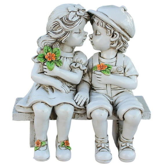 Resin Craft Sitting Boy Girl Figurine Ornament for Garden and Living Room