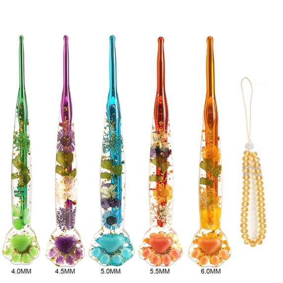 Resin Crochet Hook Set, Floral Inlaid Ergonomic , Polished Metal Tips, for Knitting and Crocheting, Ideal for Art Crafters