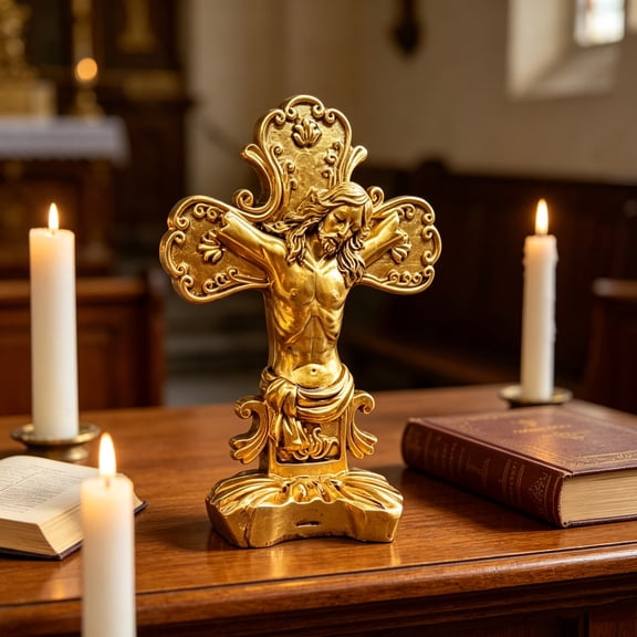 Resin Crucifix Figurine Religious Tabletop Decor European Style Cross Statue Christian Sculpture Ornament for Home Office Shelf Mantel Prayer Room Christmas Decoration Display