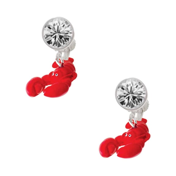 Resin Curved Red Lobster Clear Crystal Clip On Earrings