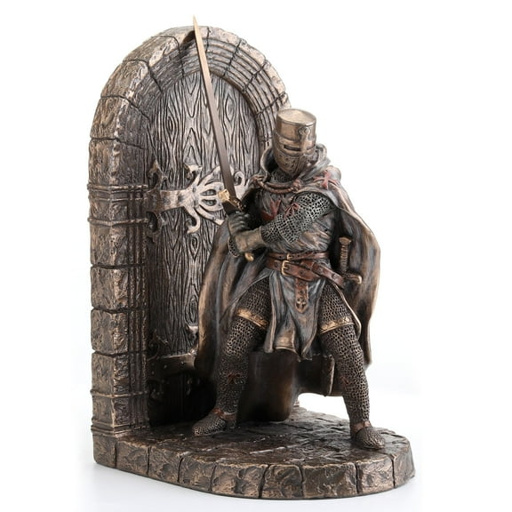Resin Decorative Bookends Maltese Crusader In Armor Guarding Door Holding Sword Decorative Bookend 4.25 X 7 X 4 Inches Bronze