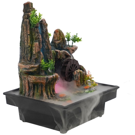 Resin Desktop Indoor Waterfall LED Fountain Desk Rockery Decoration W/ Atomizer