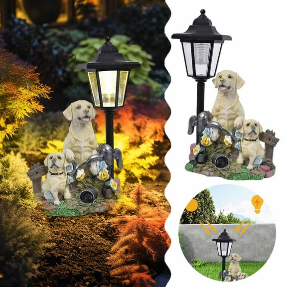 Resin Dog Statue with Solar Lights Outdoor Garden Decor Animal Figurine for Patio Balcony Walkway Lawn Ornament Cute Canine Sculpture Gift for Pet Lovers Home Decoration