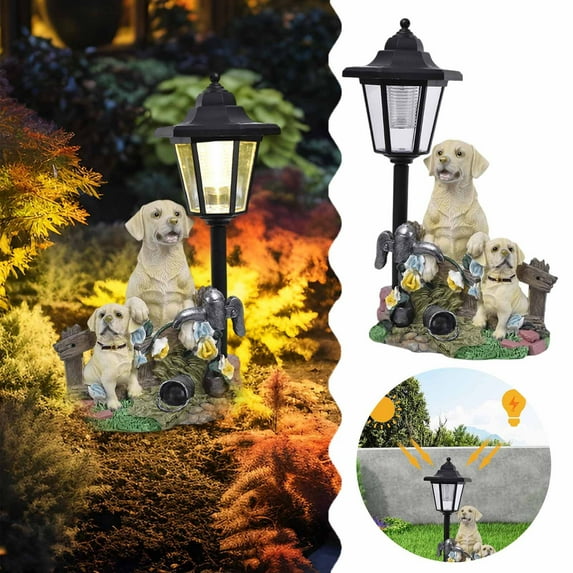 Resin Dog Statue with Solar Lights Outdoor Garden Decor Animal Figurine for Patio Balcony Walkway Lawn Ornament Cute Canine Sculpture Gift for Pet Lovers Home Decoration
