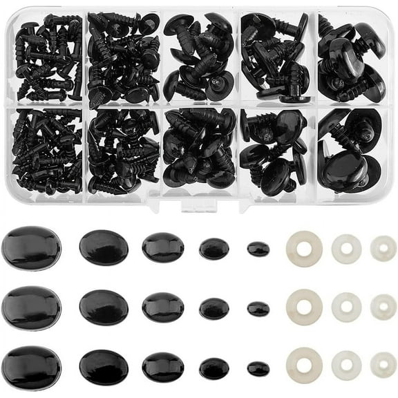 Resin Doll Craft Eyes and Noses with Washers for Crochet Toy and Stuffed Animals Oval Black 5~13x6~17x14~16mm Pin: 3~6mm 125pcs/box 1Box