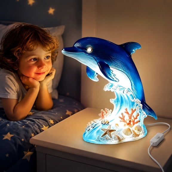 Resin Dolphin Wave Shaped Table Lamp, Sea Themed LED Night Light for Youngster, Cute Decorative Bedside Lamp for Bedroom Nursery Room Home Decoration
