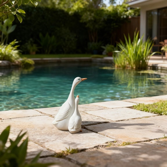 Hand Painted White Duck Family Statue, 15cm Resin Garden Decor for Outdoor Patio, Pond, Lawn Unique Mother Duck Figurine & Spring Yard Ornament
