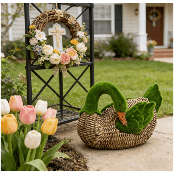 Resin Duck Figurine Green Moss Duck Sculpture Combines Flocking Moss and Imitation Rattan Woven Textures Realistic Animal Statues Landscape Decorations for Garden Farm, Backyard - (Duck_Seated)