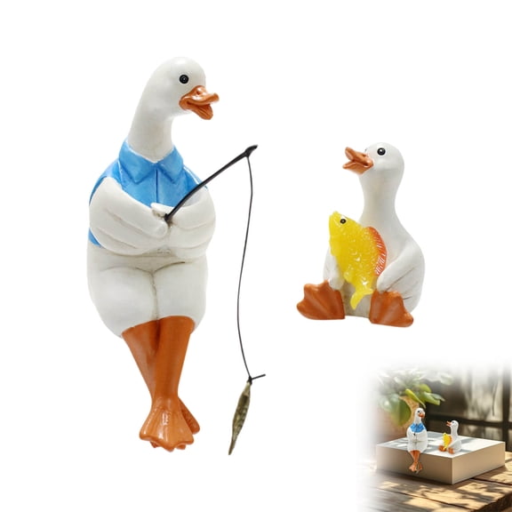 Resin Duck Fishing Figurine Set Parent Child Garden Ornaments Outdoor Pond Planter Decorations Patio Balcony Desktop Shelf Home Decor Accent Display Collectible Set