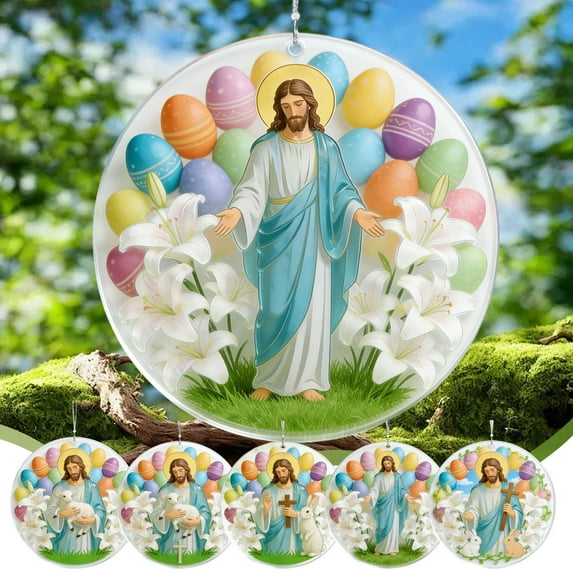 Resin Easter Jesus Double-Sided Ornament - Hand-Painted Religious Hanging Decor with Hanging Loop, for Easter Tree, Church Decor, Home Wall & Tabletop - Festive Christian Easter Decoration, 3.15in, B