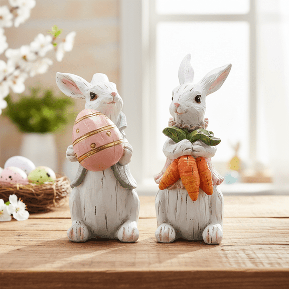 Resin Easter Rabbit Figurine holding Decorative Egg for Retro Country Style Spring Home Decoration and Festive Holiday Shelf Display Accent