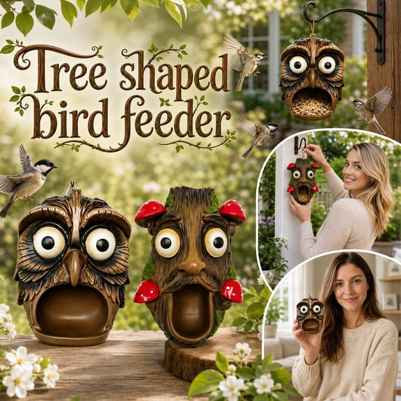 Resin Face Bird Feeder for Outdoor Garden, Whimsical Owl Tree Trunk Feeder for Backyard Patio Decor, Durable Weather-Resistant Bird Feeding Station for Wild Birds