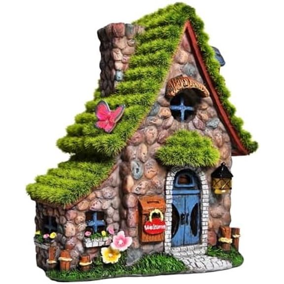 Resin Fairy House Statues with Solar Powered Lights, Funny Garden Sculptures with Flocked and Cobblestone Decor, Exquisite Garden Cottage Figurines