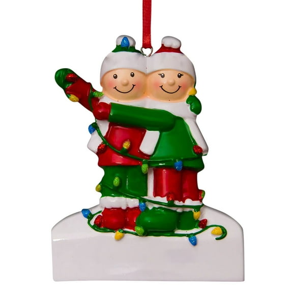 Resin Family Name Christmas Ornament with Blessings Greeting, Customizable 2D Flat Pendant for Tree Decor Holiday Home Personalized Gift, 2 People