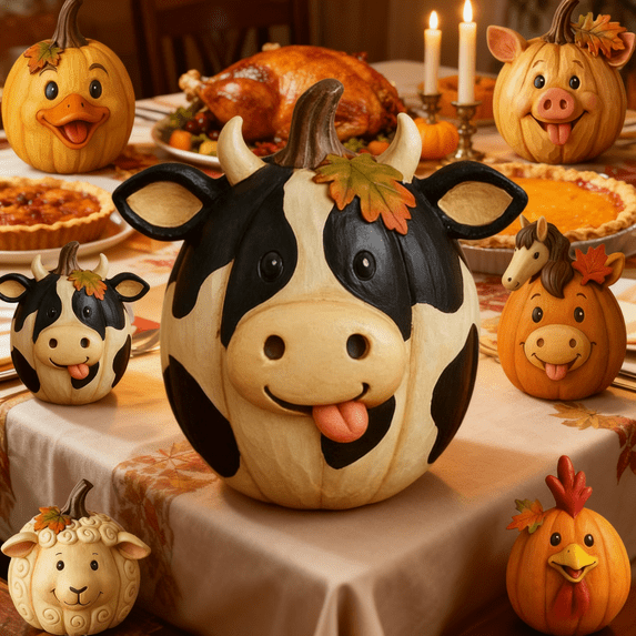 Resin Farm Pumpkin Figurines - Hand-Painted Cow Pig Sheep Statue, Rustic Table Centerpiece, Porch Garden Yard Indoor Outdoor Decor A