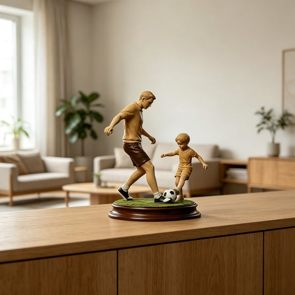 Resin Father Child Playing Statue Decor, Soccer Theme Figurine Display, Home Living Room Collectible Accent Piece, Brown Finish Sculpture Ornament, Gift Decoration
