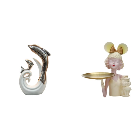 Resin Figurine Ceramic Dolphin Sculpture Girl Statue Key Storage Tray Silver White for Bedroom Coffee Table Bar