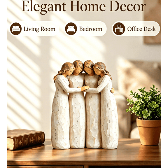 .Resin Figurines, Wood Effect Finish, Figurines Home Decor, Friendship Bond, Friendship Gift, Gift for Sister, Cream Tone, 6.58 in Tall, 1 Pc, Living Room Decor