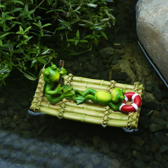 Resin Floating Statue for Garden Pond and Fish Tank Decoration, Two Frogs on Bamboo Raft Statue for Outdoor Pool and Water Feature, Durable Resin Floating Ornament