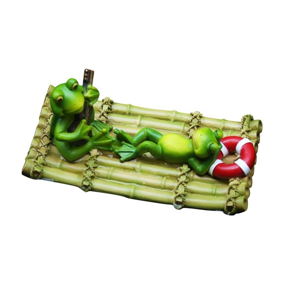 Resin Floating Two Frogs on Bamboo Raft for Garden Pond and Pool Decoration