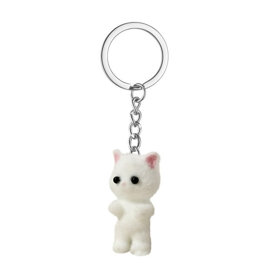 Resin Flocking 3D Cat Keychain Pendant - Durable Car Keys Holder Charm, Adorable Kitty Bag Accessory, Handmade Craft Gift for Pet Lovers White