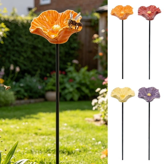 Resin Flower Garden Stake Bee Watering Station Yard Art Stake Outdoor Decorative Pollinator Water Feeder for Bees Butterflies Pathway Flower Bed Decor