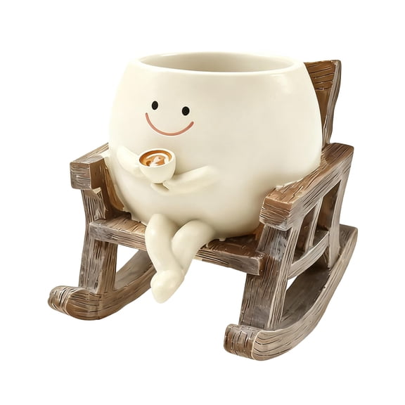 Resin Flower Pot with Figure on Rocking Chair Holding Coffee, Smiley Planter Seated on Rocking Chair, Resin Rocking Chair - Style Smiley Face Plant Pot for Plant Lovers
