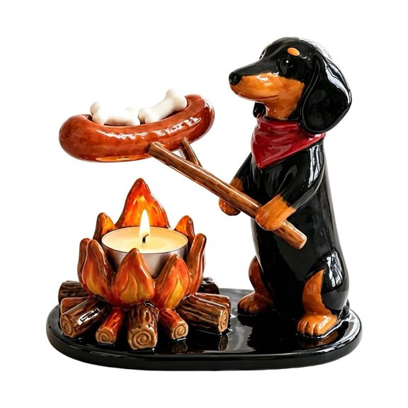 Resin Forest Animal Campfire Aromatherapy Diffuser Hand Painted Candle Holder with Black Dachshund and Orange Cat Figurines Cozy Home Decor Gift for Animal Lovers