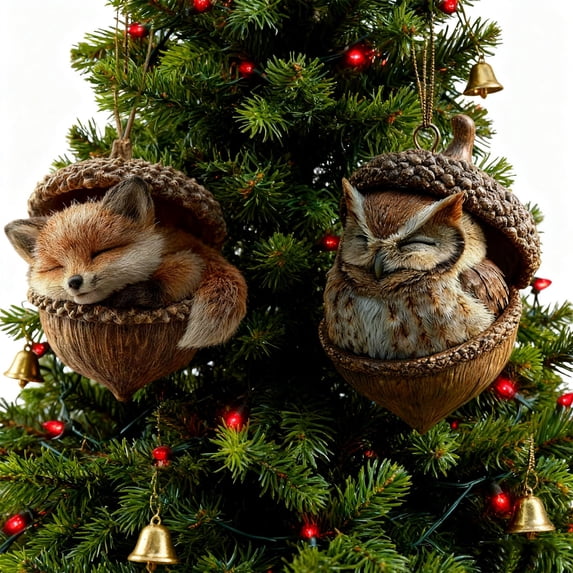 Resin Forest Animals Ornaments 2-Pack Sleeping Hedgehog Bunny Owl Fawn Rustic Woodland Christmas Tree Decorations Cute Home Decor Accents